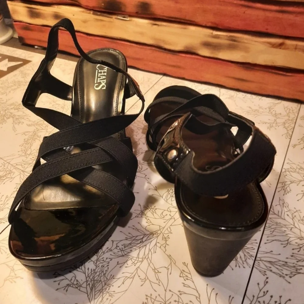 Chaps Black Strappy Platform Wedge Heels Sz 8B